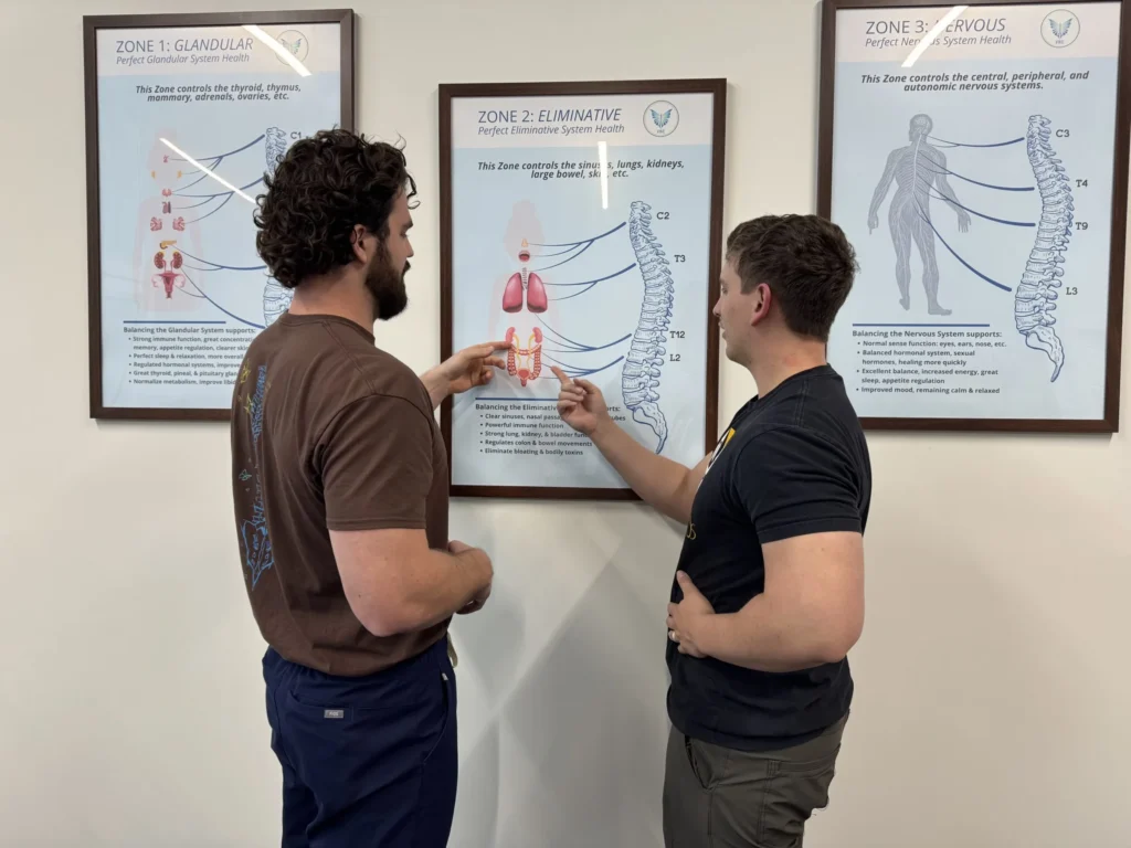 A chiropractor in scrubs discusses a framed Zone Technique chart on the wall with a patient.