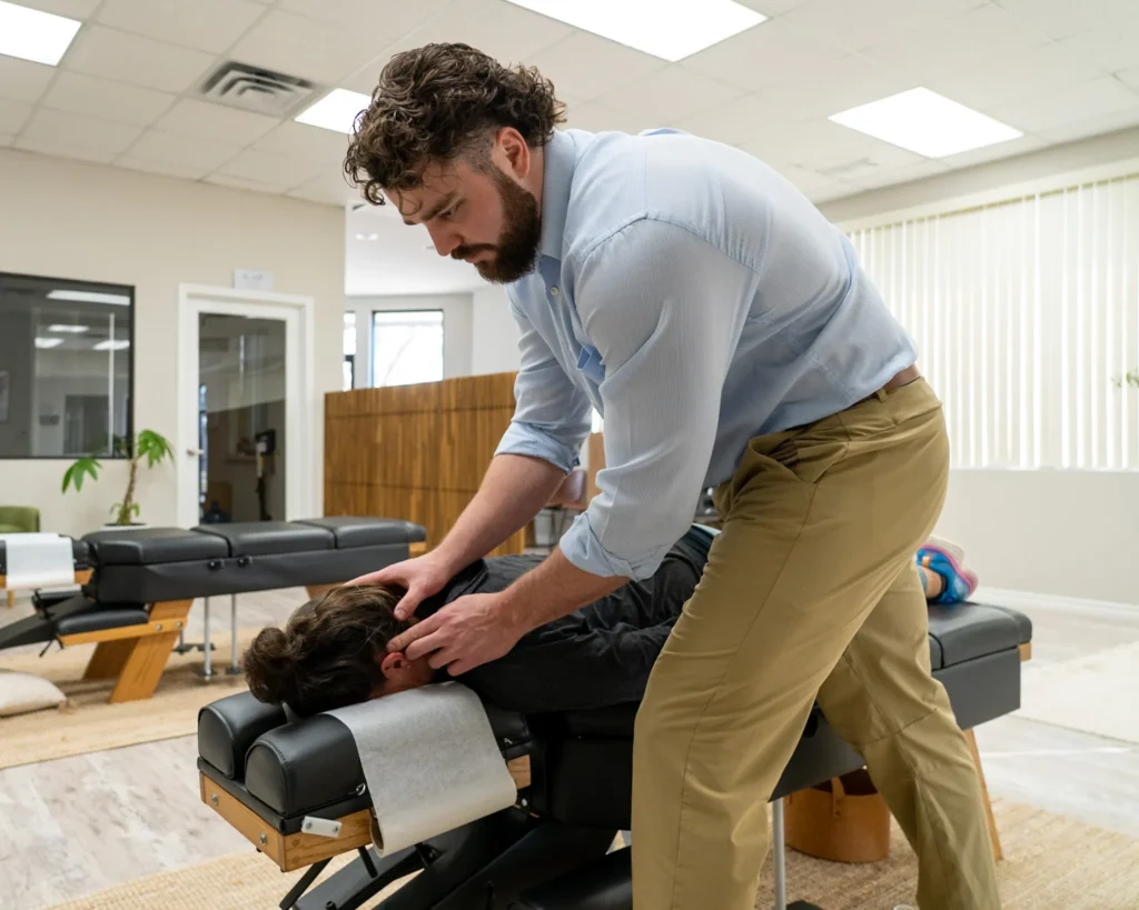 Dr. Korrin Taylor adjusts the neck of a patient lying prone on a chiropractic table.