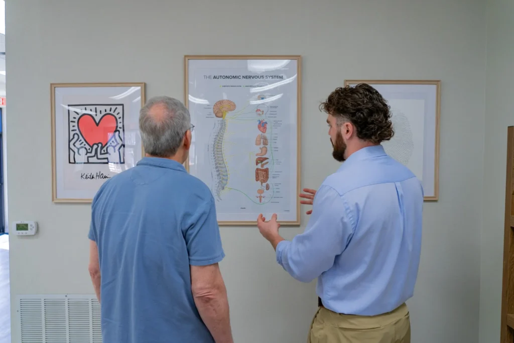 Dr. Korrin Taylor explains an autonomic nervous system chart to a patient.