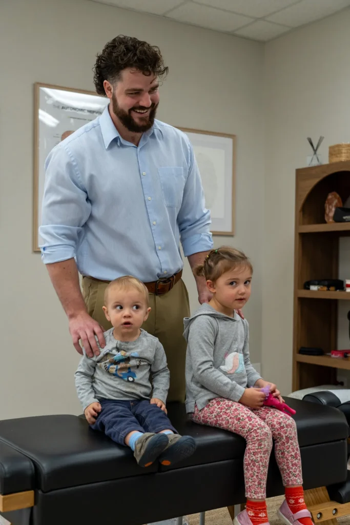 Dr. Korrin Taylor smiles as he stands behind two young children sitting on a chiropractic table.