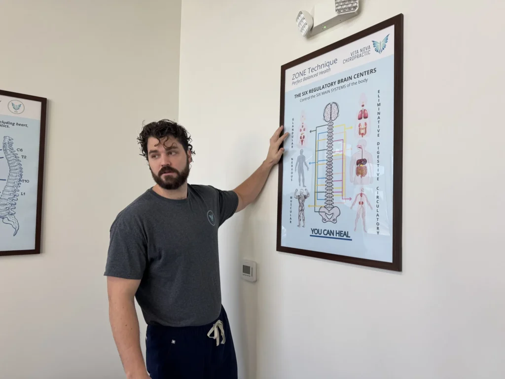 Dr. Korrin Taylor gestures toward a framed Zone Technique chart hanging on the wall.