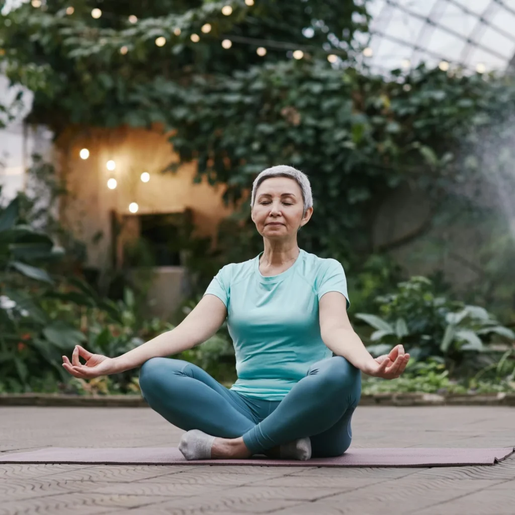 Mature woman sitting cross-legged in meditation pose on an exercise mat surrounded by lush greenery.